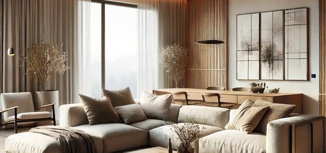 Dall e 2025 03 12 16 59 39   a modern  minimalist living room in a high end residential building  the space features a neutral color palette with beige and light grey tones  a lar  1 - Attribut alt par défaut.